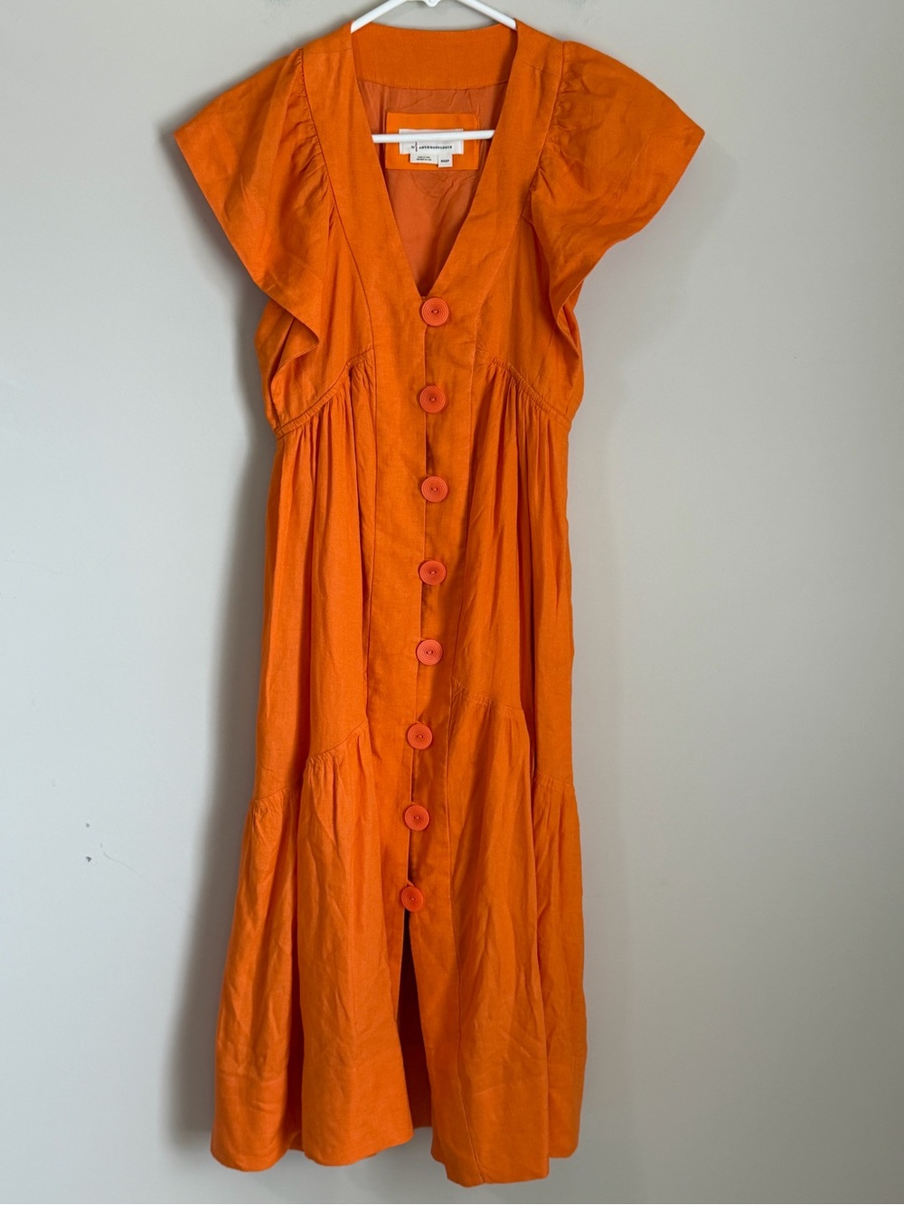 Anthropologie Linen Midi Dress Flutter Button Front Size XXS